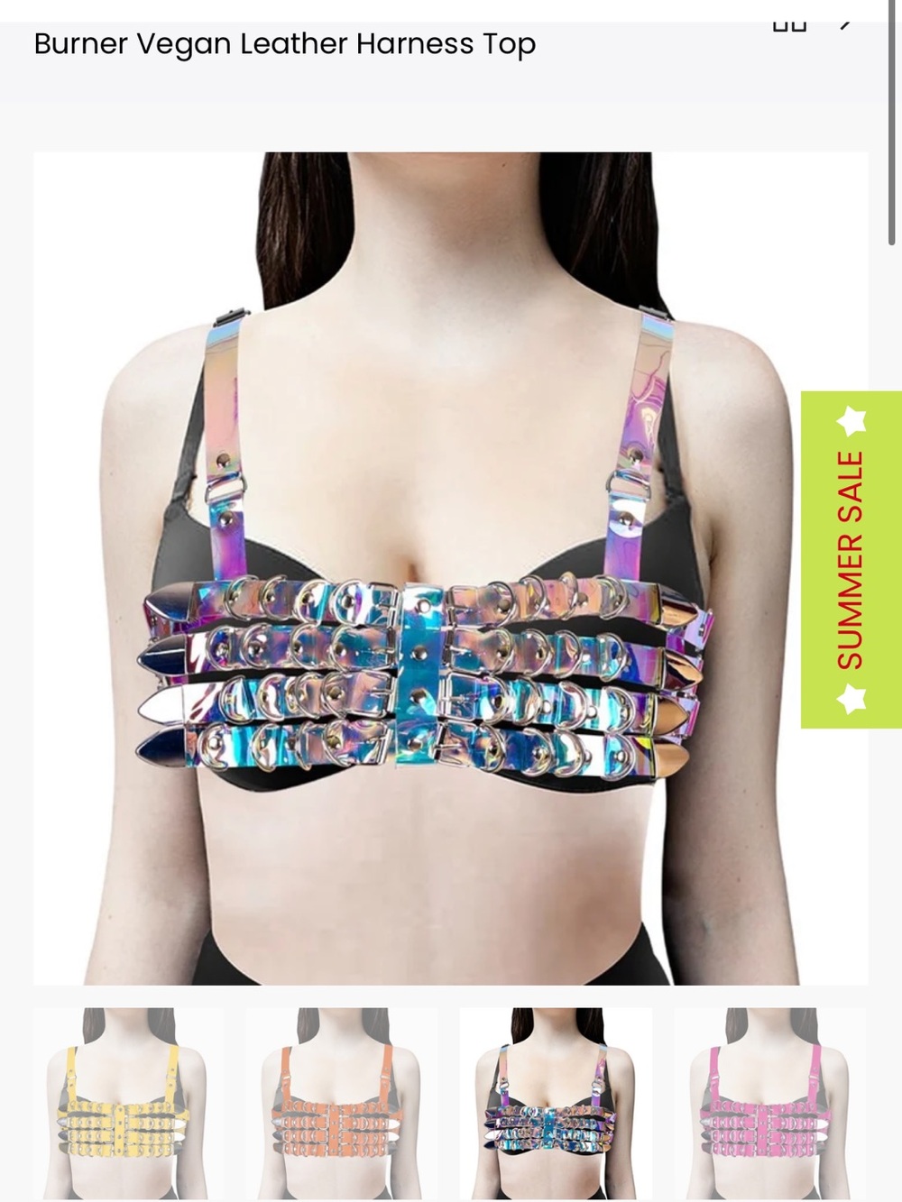 Holographic Iridescent Vegan Leather Harness Crop Top — Pink-Blue